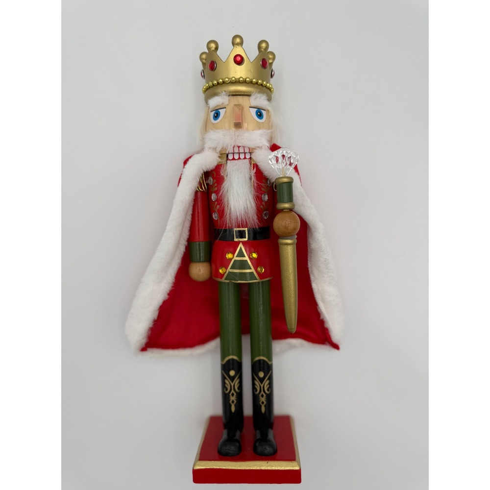 King Nutcracker Christmas Royal Crown Scepter Red Cape Wooden Holiday Decor
